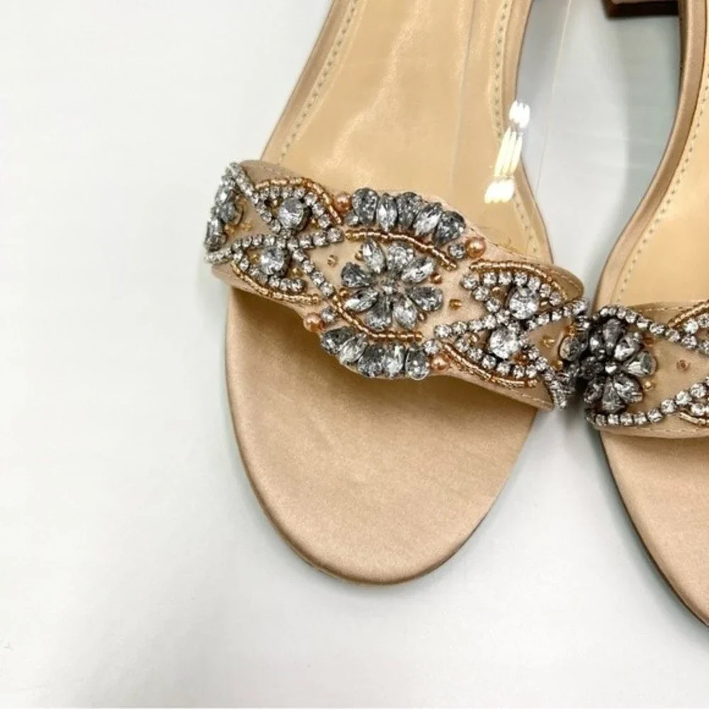 Betsey Johnson‎ Size 8.5 Jeweled Jewel Champagne Block Heels Dress Sandals Shoes